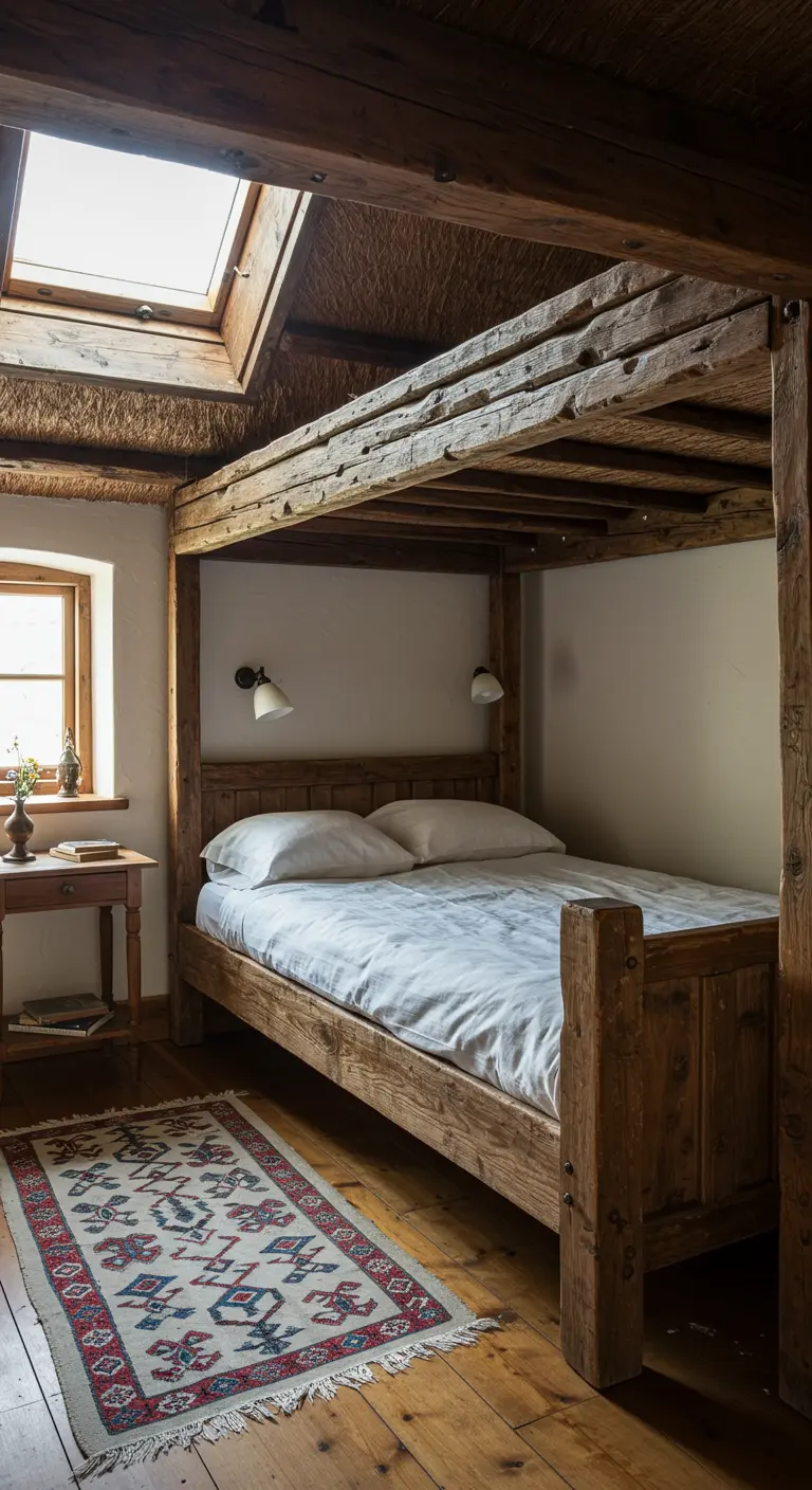 Rustieke slaapkamer met een houten hemelbed onder een schuin dak met zichtbare balken en een dakraam.