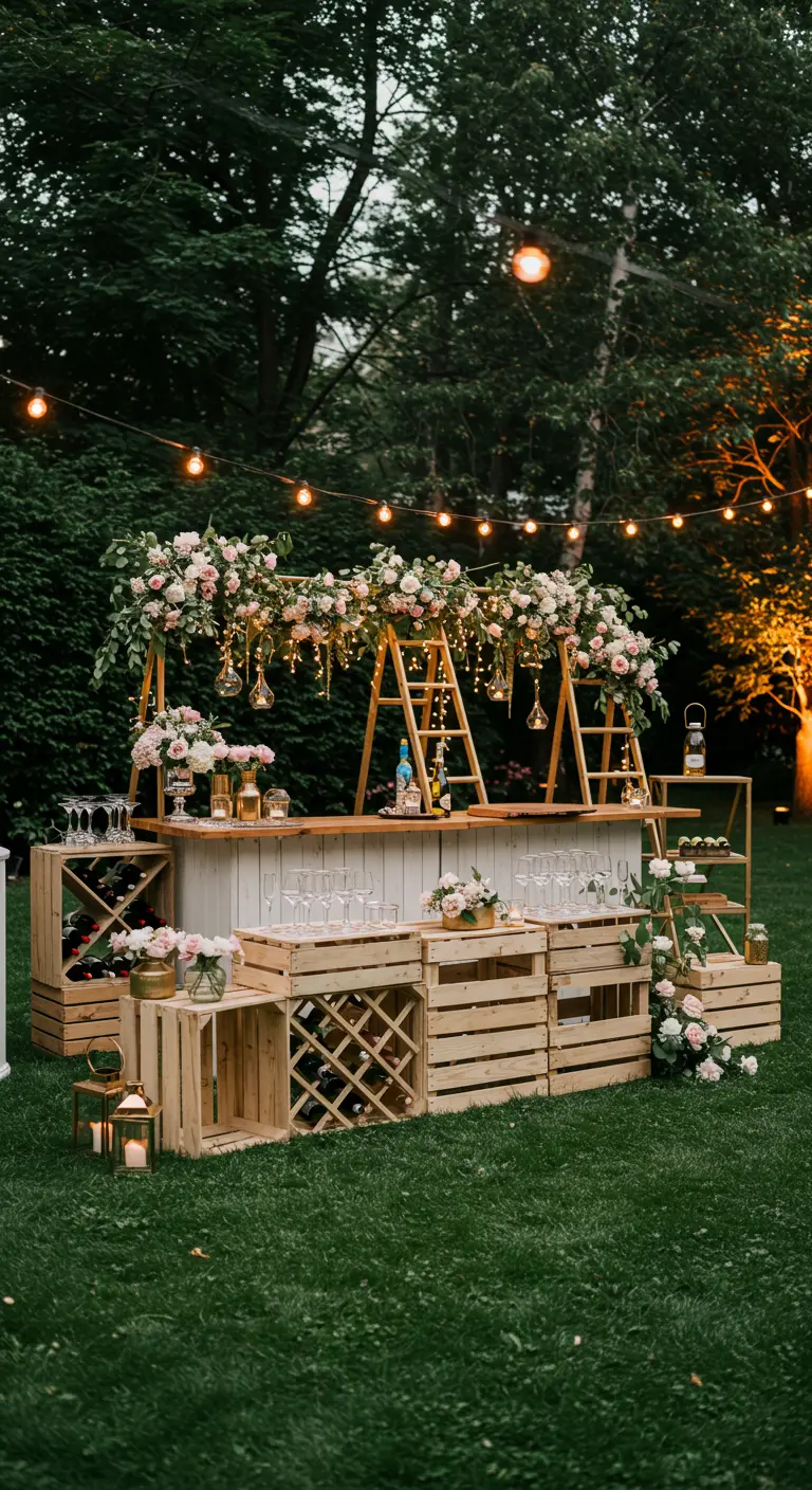 Elegante buitenbar gemaakt van houten kratten en A-frame structuren, versierd met bloemen en lichtjes.