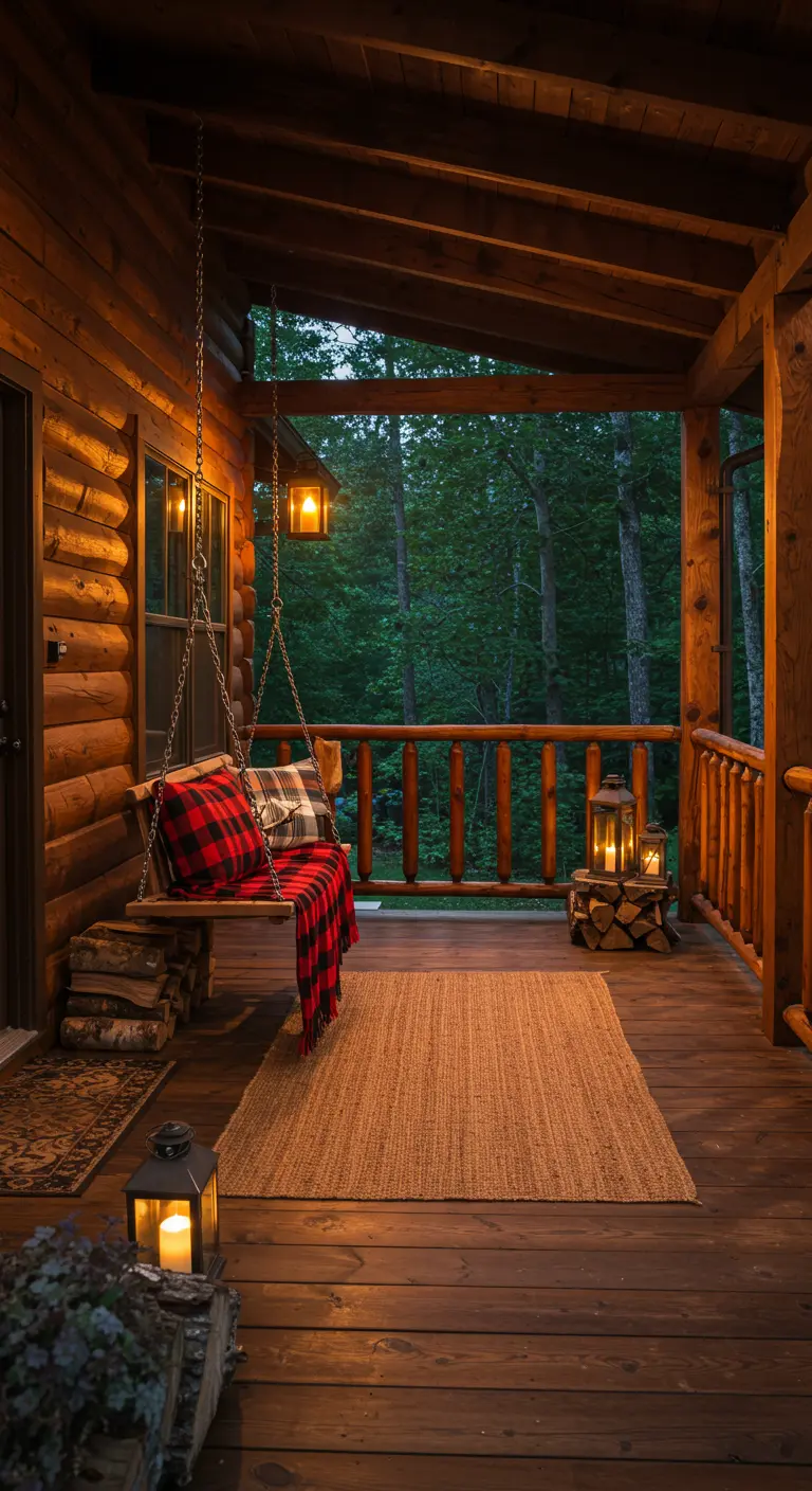 Houten schommelbank op een veranda van een blokhut met een geruite plaid en een jute kleed.