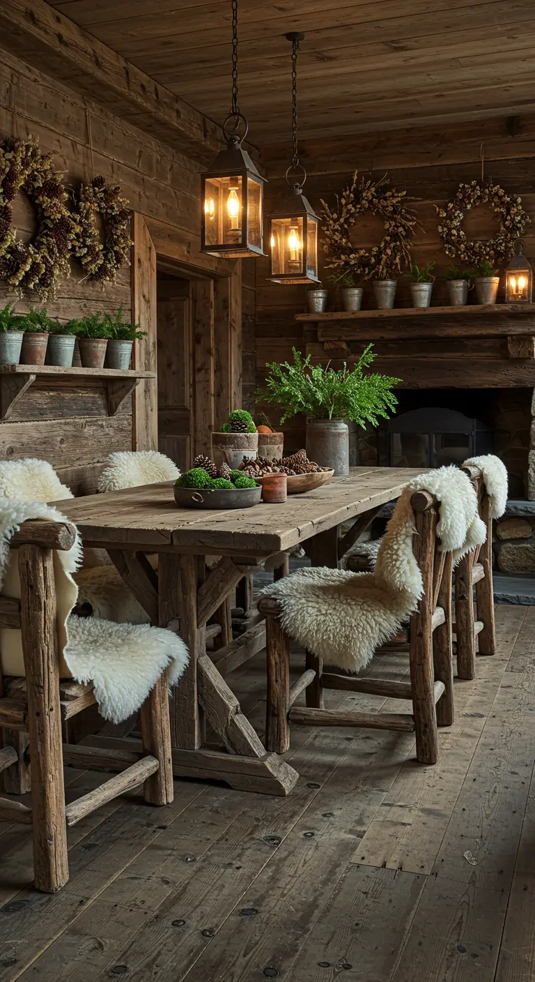 Rustieke houten chalet eetkamer met houten tafel en stoelen, harige plaids, lantaarns en dennenappelkransen.