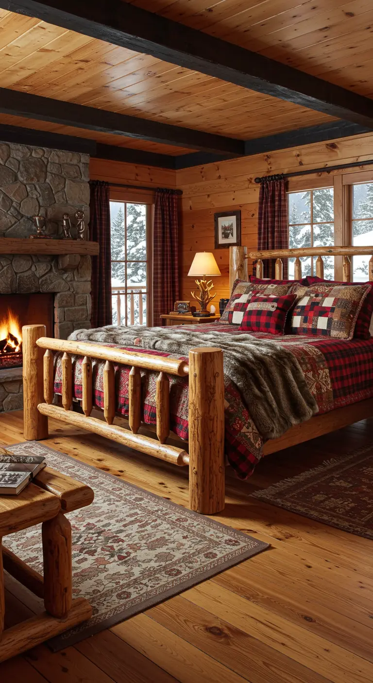Rustiek houten bed in chalet-stijl met Schotse ruit beddengoed en een open haard.