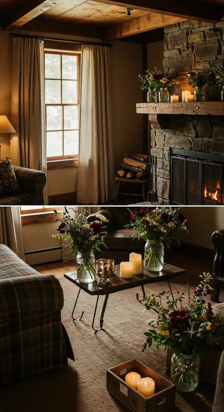Rustieke kamer met open haard, veldbloemen in jampotten en kaarslicht.