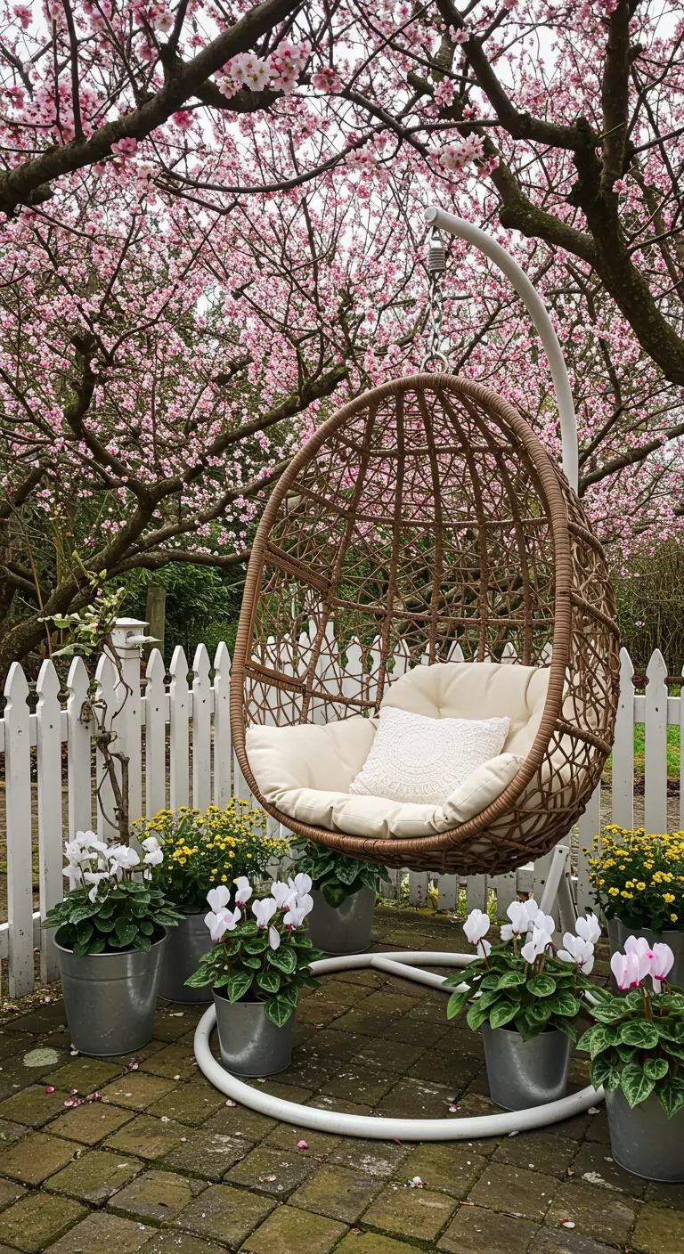 Rieten hangstoel met standaard, potplanten en wit hek in bloesemtuin.
