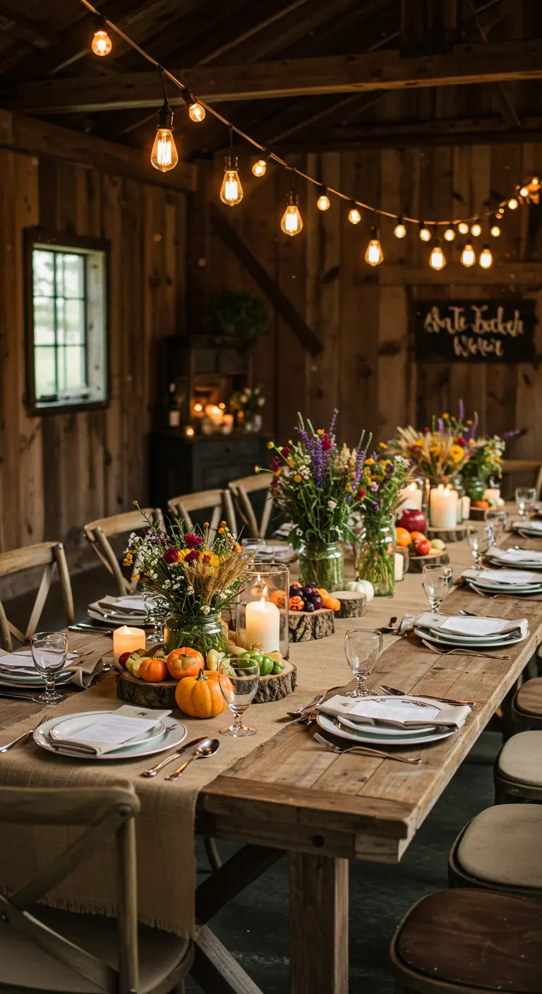 Rustiek gedekte lange houten tafel in een schuur, met veldbloemen, pompoenen en lichtslingers.
