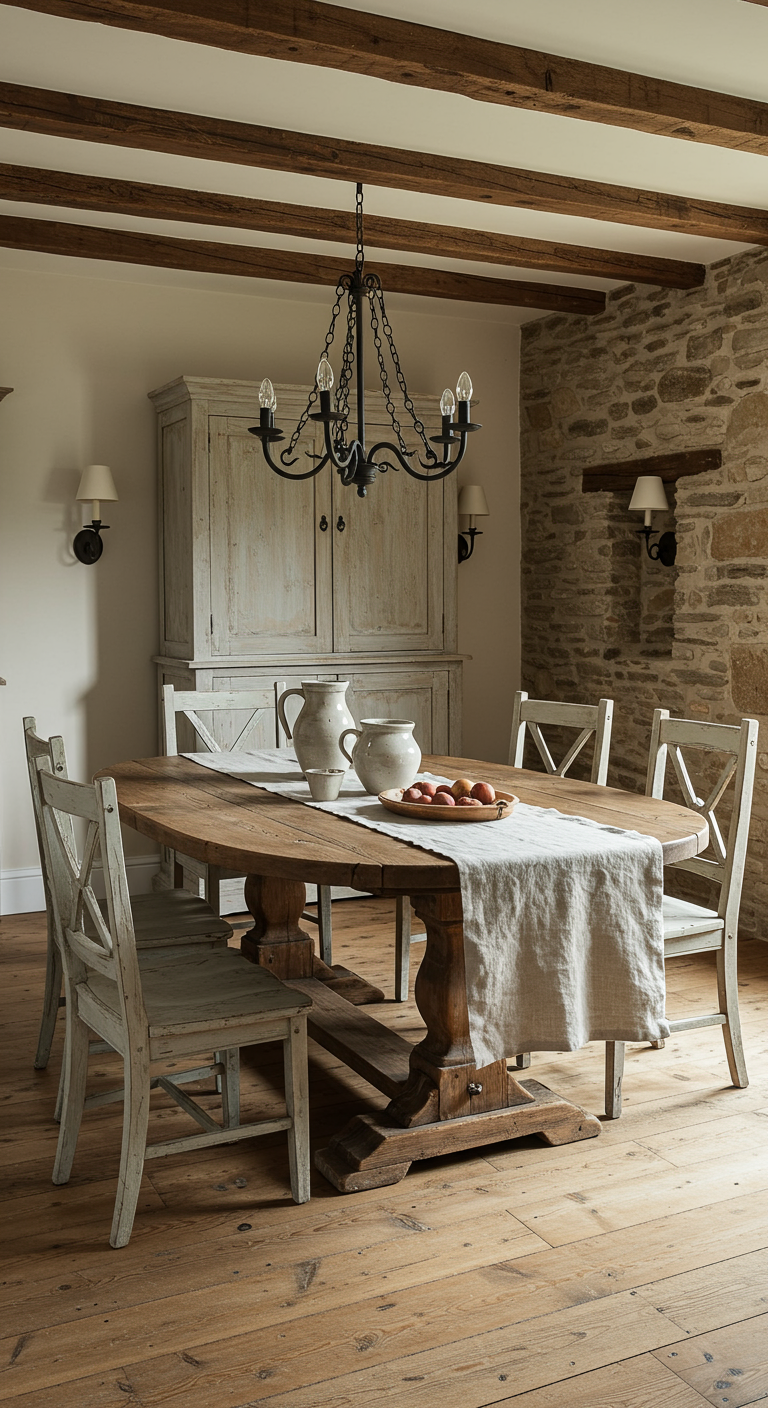 Rustieke eetkamer met ovale houten tafel, verweerde stoelen en stenen muur.