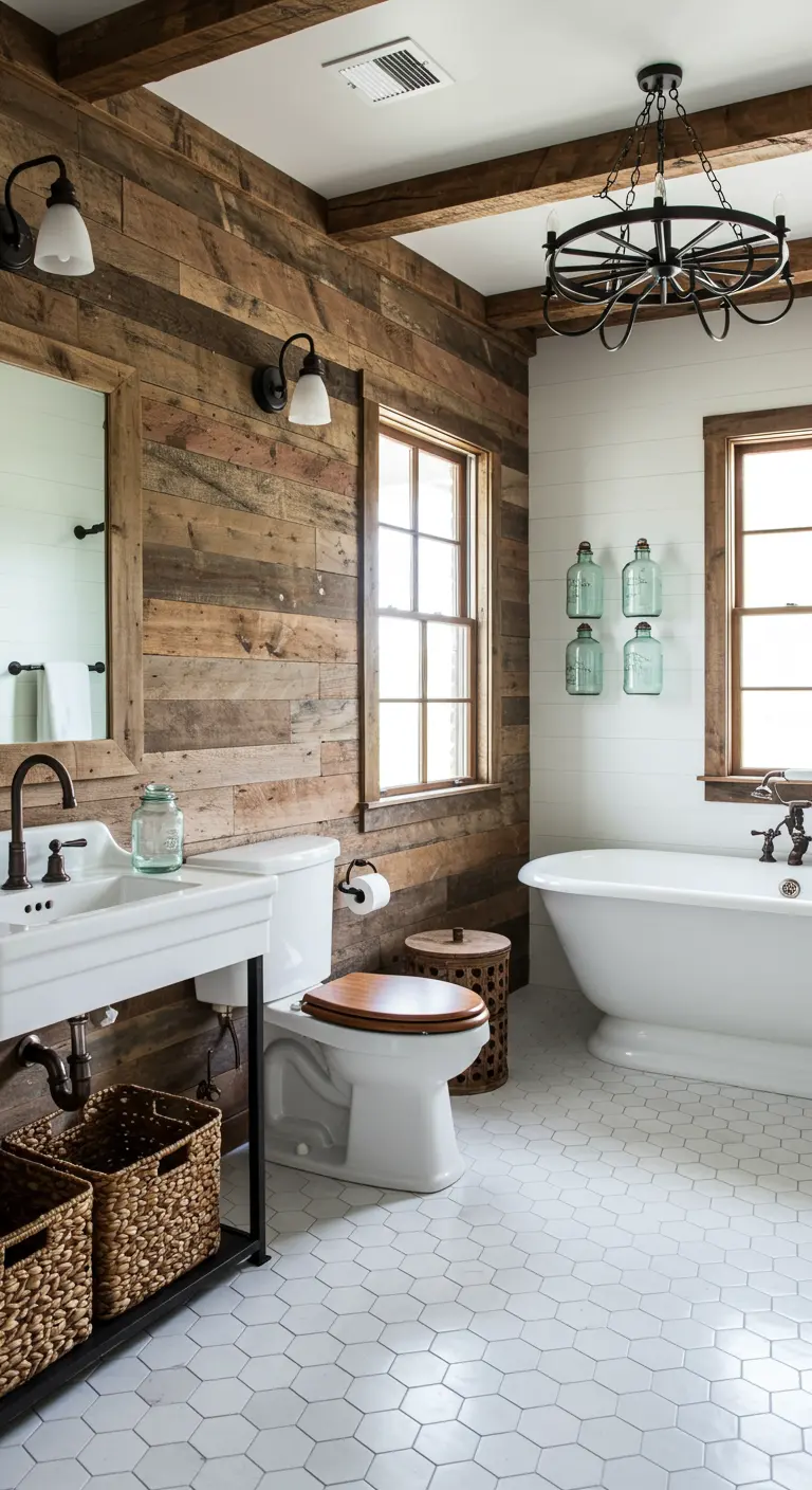 Rustieke badkamer met houten accentwand en toilet met houten bril.