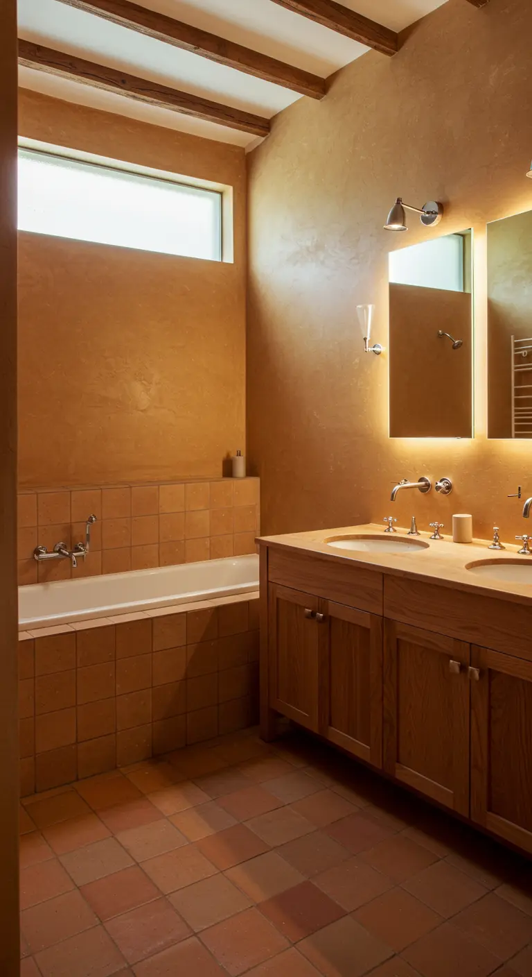Rustieke badkamer met houten meubel, terracotta tegels en ingebouwde spiegelverlichting