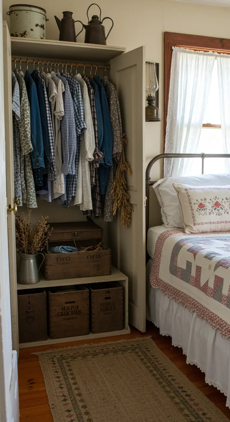 Landelijke slaapkamer met open kast waarin houten kistjes als opbergers dienen, patchwork quilt.