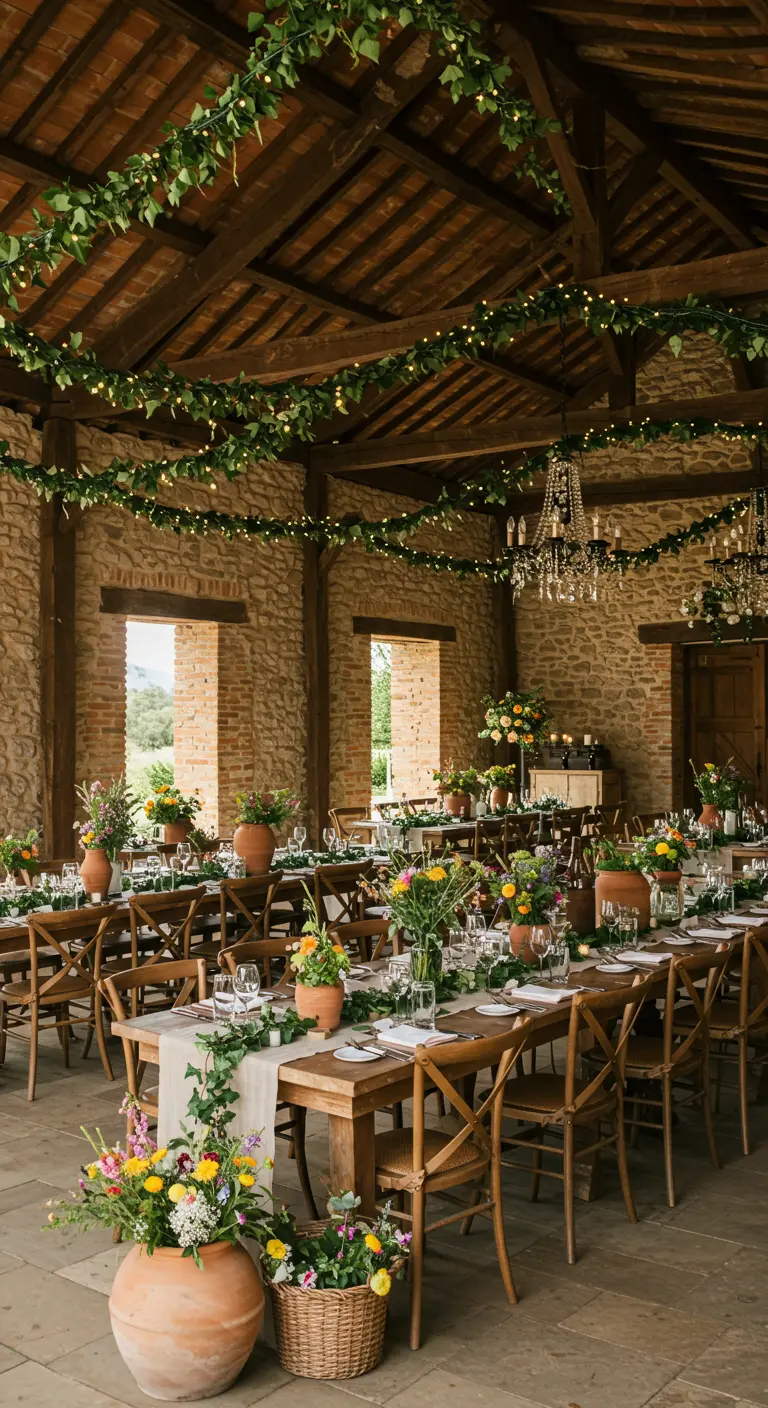 Bruiloftsdiner in stenen schuur met houten tafels en bloemen in potten