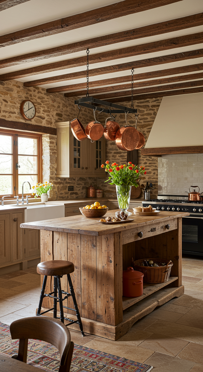 Rustieke keuken met stenen muur, houten balken en robuust houten eiland.