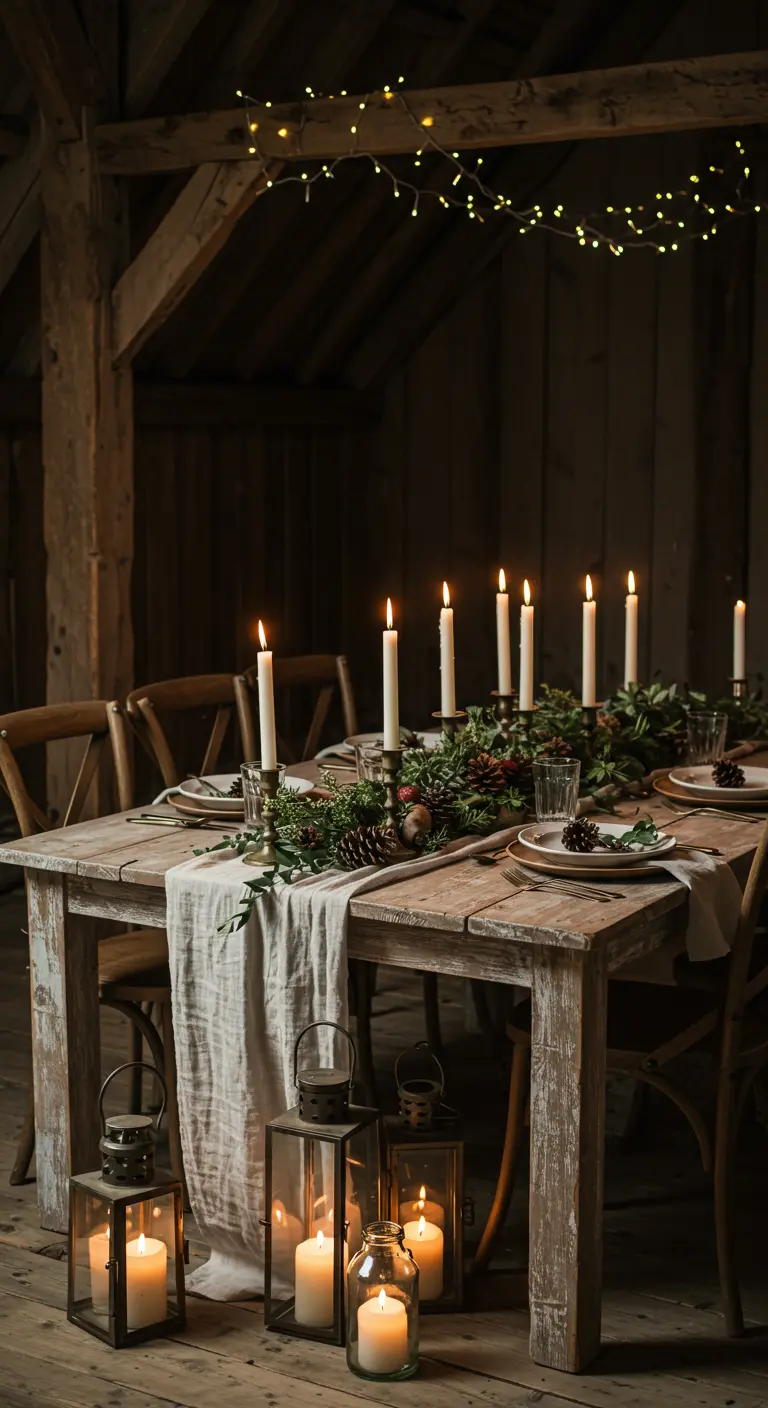 Rustieke houten tafel met linnen loper, dennentakken, kaarsen en lichtslingers.