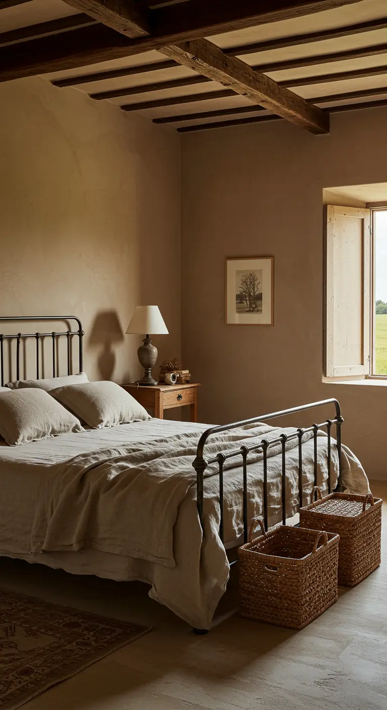 Rustieke slaapkamer met beige muren, houten balken, gietijzeren bed, linnen beddengoed en rieten manden.