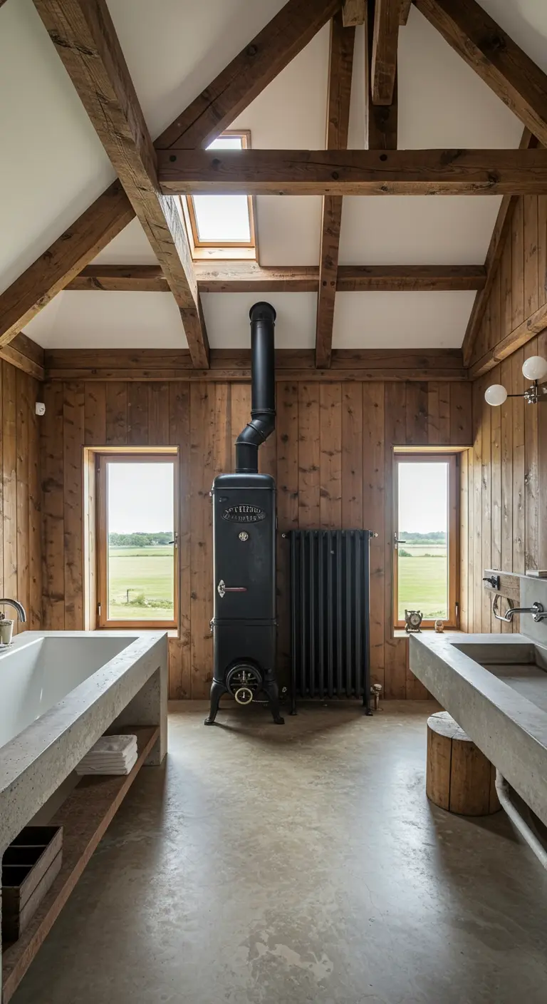 Zwarte radiator in de stijl van een houtkachel in een rustieke badkamer met houten wanden en balken.