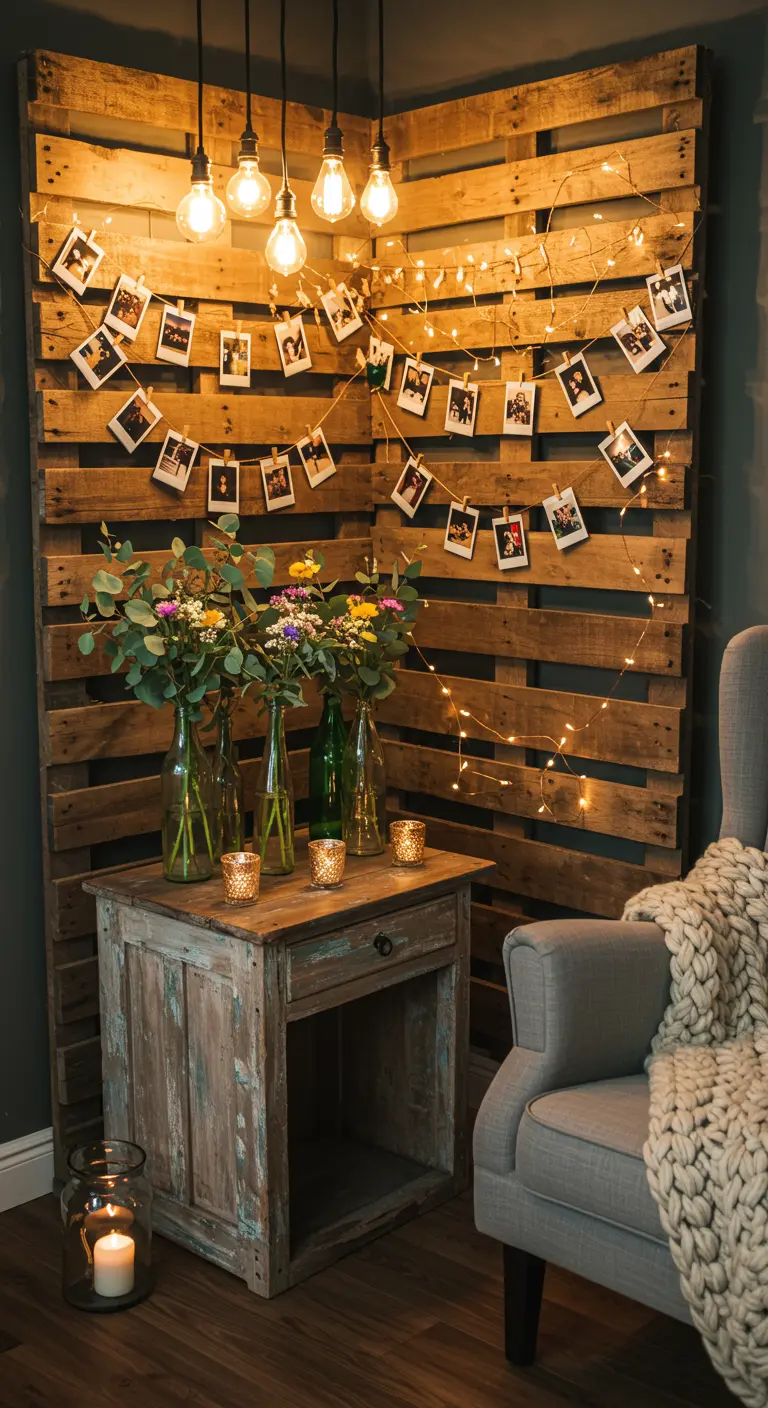 Verjaardagshoek met houten palletwand, fotolijn, lichtjes, bloemen en fauteuil.