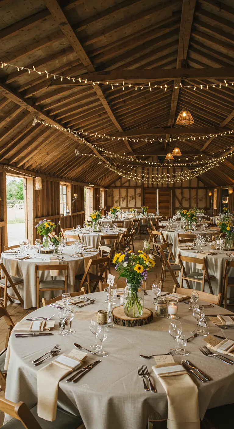 Ronde tafels in rustieke schuur met zonnebloemen en lichtslingers.