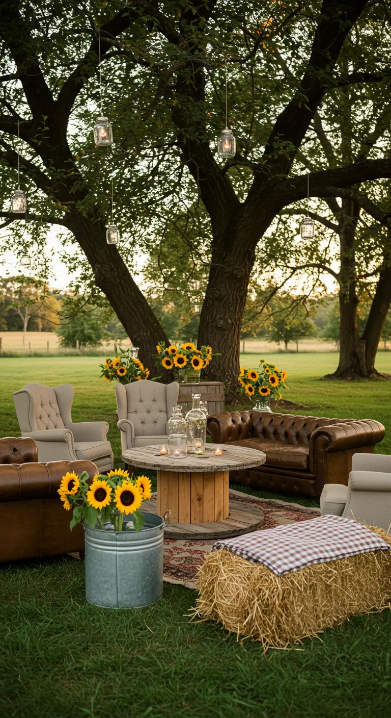 Rustieke lounge met Chesterfield bank, hooibaal, zonnebloemen en kabelhaspel tafel.