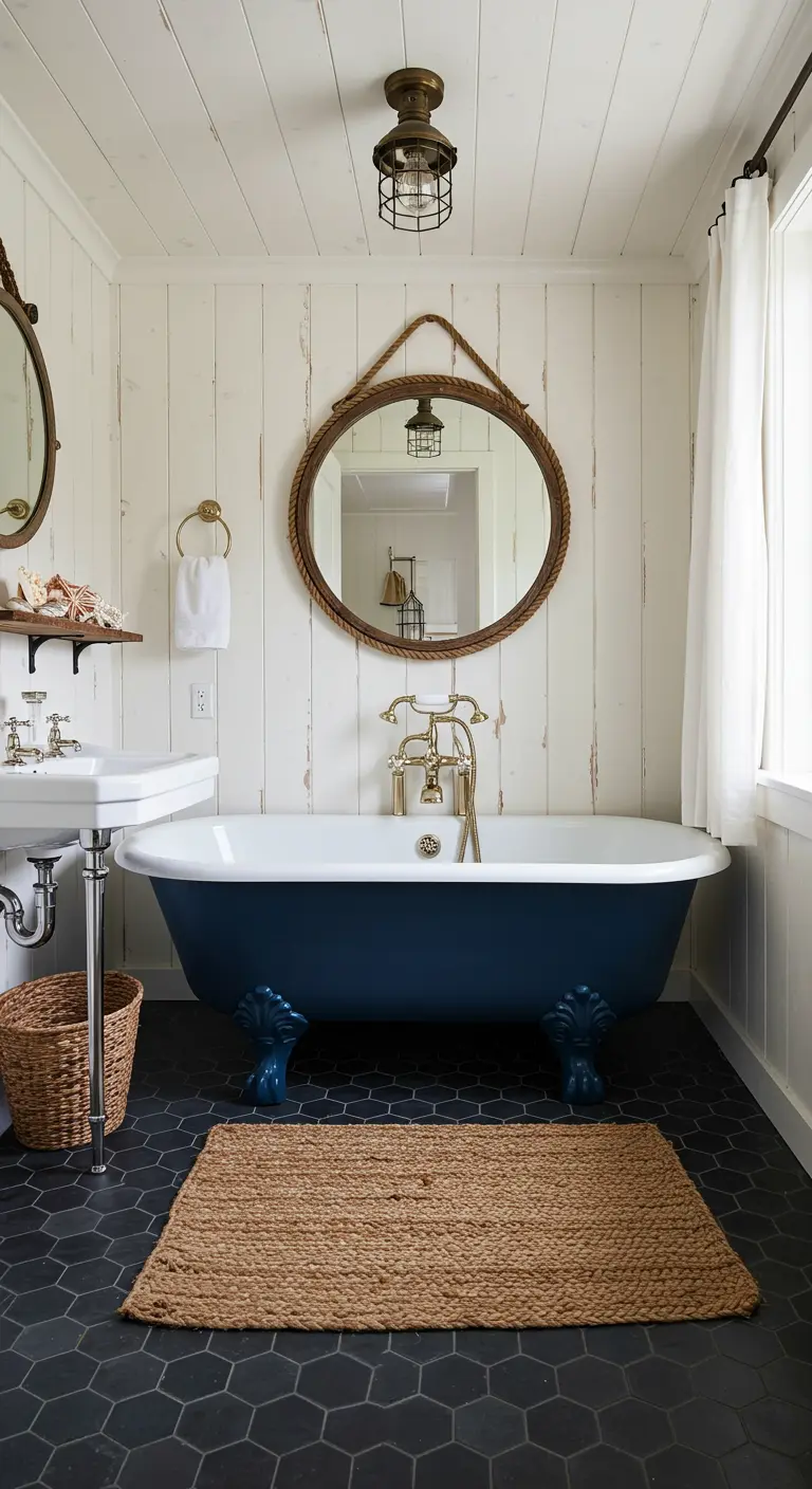 Rustieke badkamer met blauw klauwbad, touwspiegel en jute vloerkleed op zeshoekige tegels.