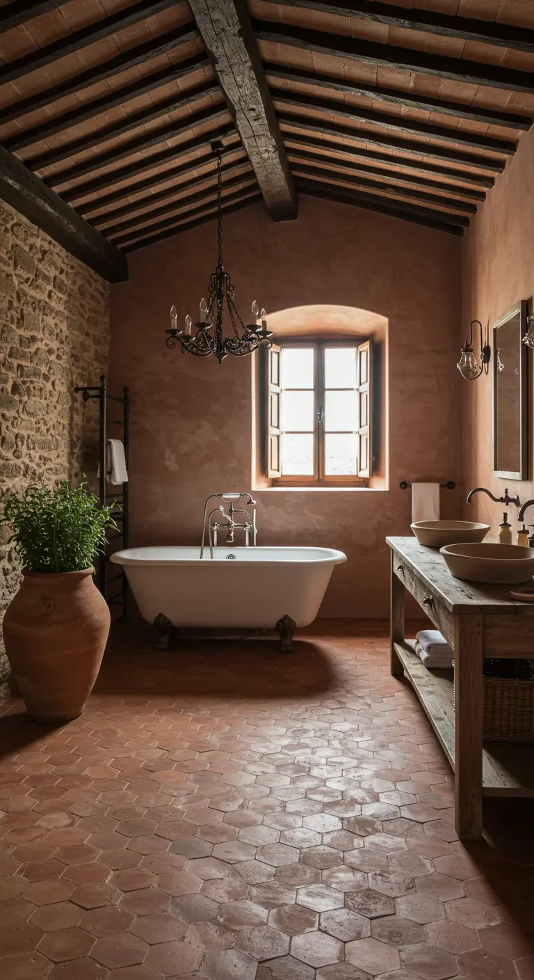 Rustieke badkamer met terracotta hex tegels, stenen muur, houten balken, klassiek bad.