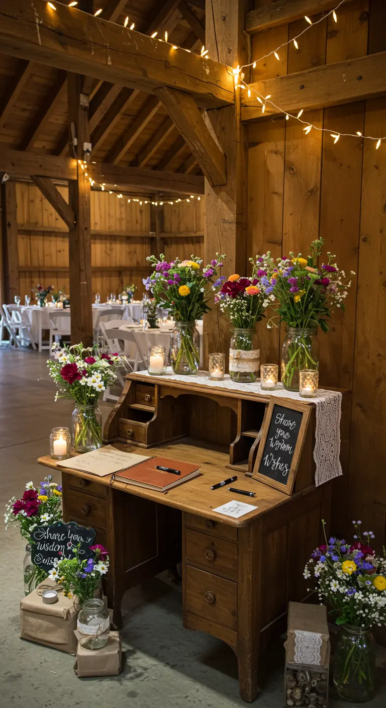 Rustieke houten secretaire als gastenboektafel met veldbloemen en kaarslicht.