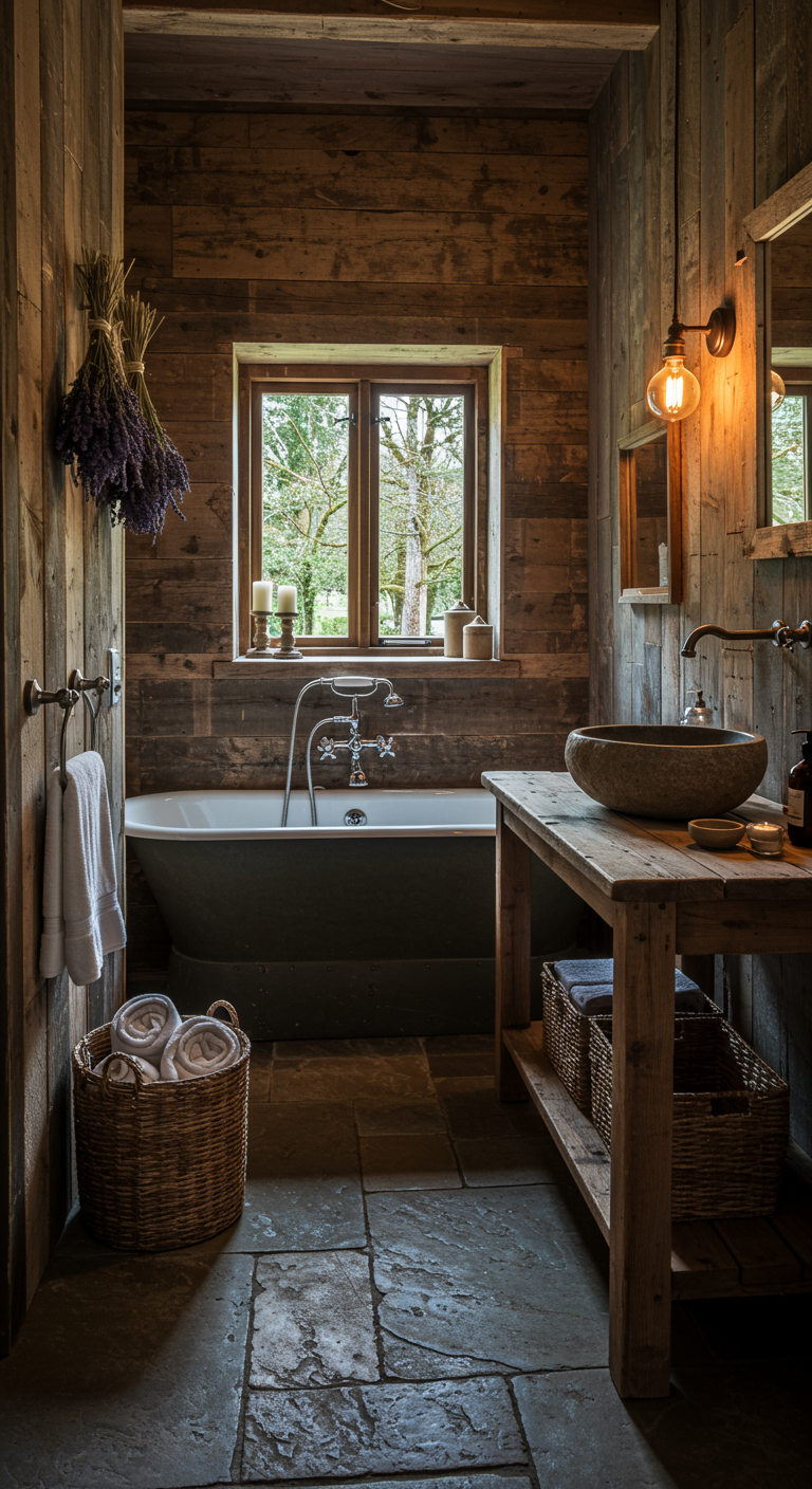 Rustieke badkamer met houten wanden en gedroogde lavendel.