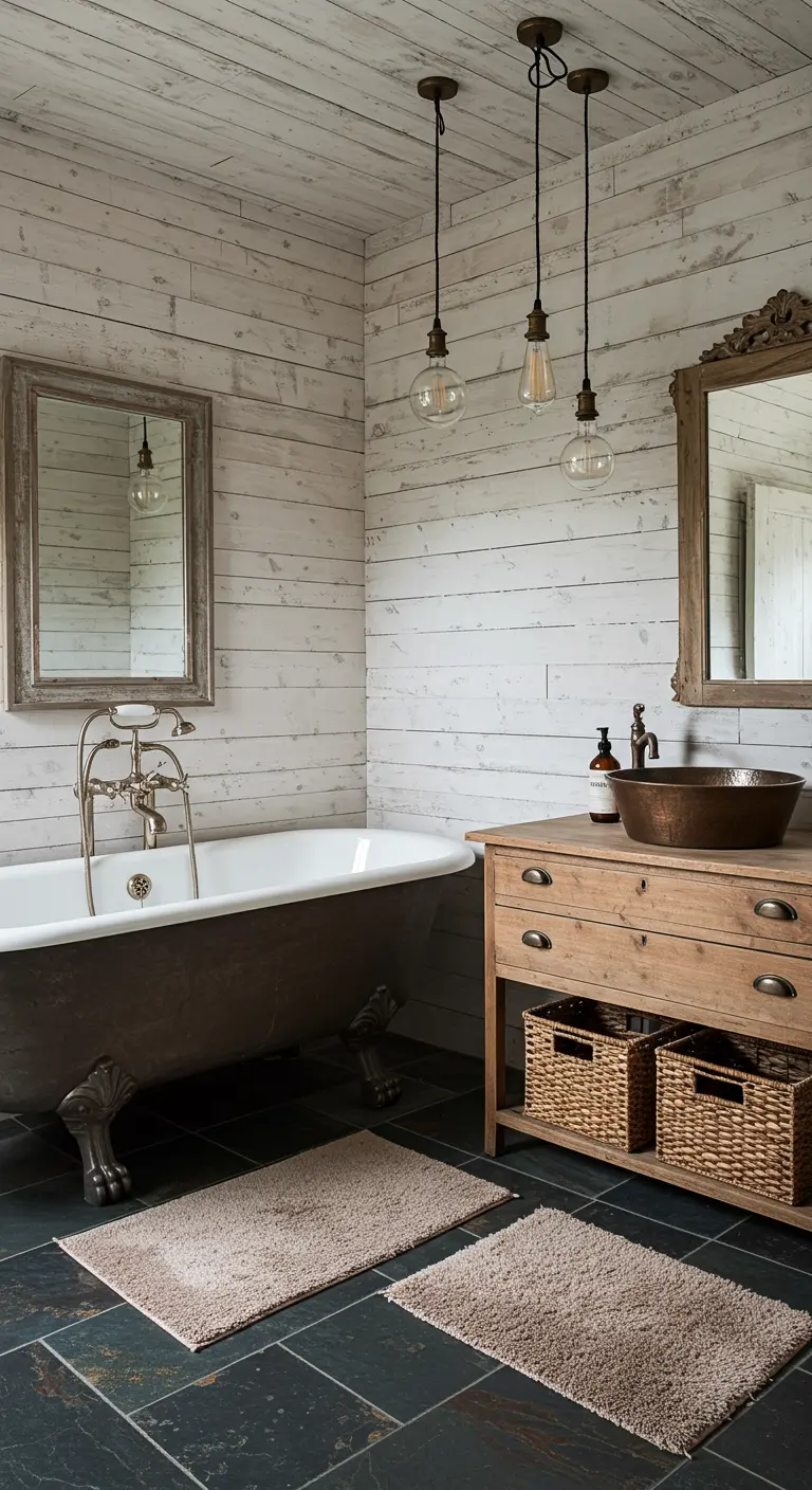 Landelijke badkamer met whitewash houten planken aan de muur en een vrijstaand bad.