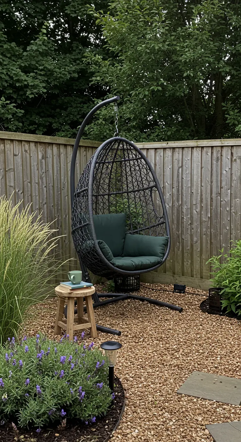 Zwarte eivormige hangstoel in een rustieke tuinsetting met grind en een houten krukje.