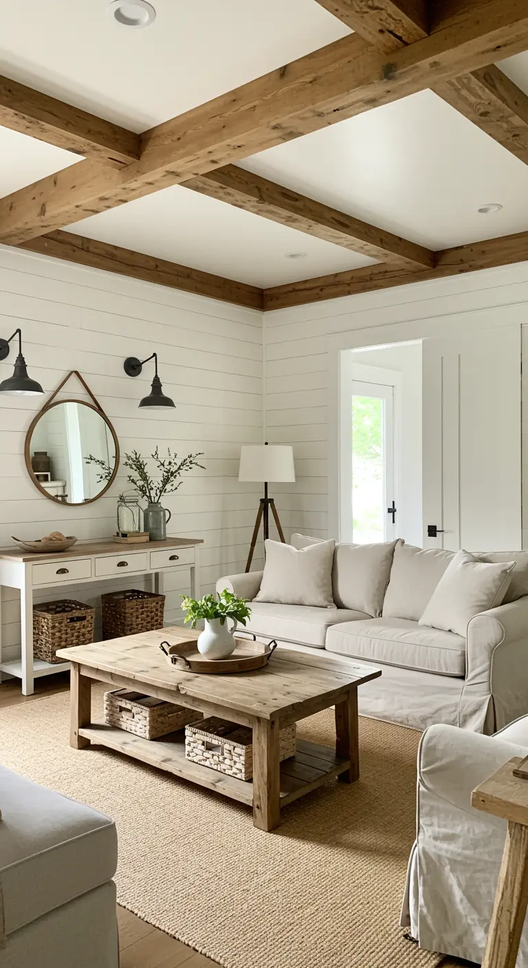 Farmhouse woonkamer met witte houten wanden, houten balkenplafond en een ronde spiegel.