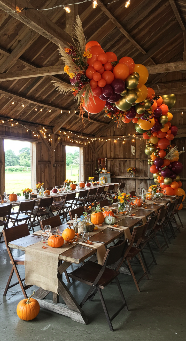 Herfstkleurige ballonnenboog met pompoenen in een rustieke schuur.