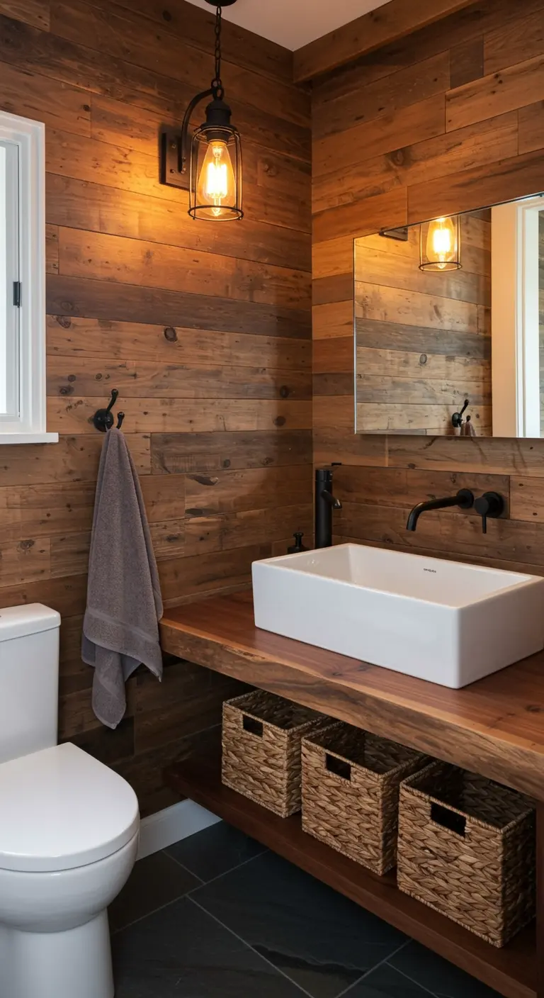 Rustieke badkamer met houten wanden, houten meubel en industriële lamp.