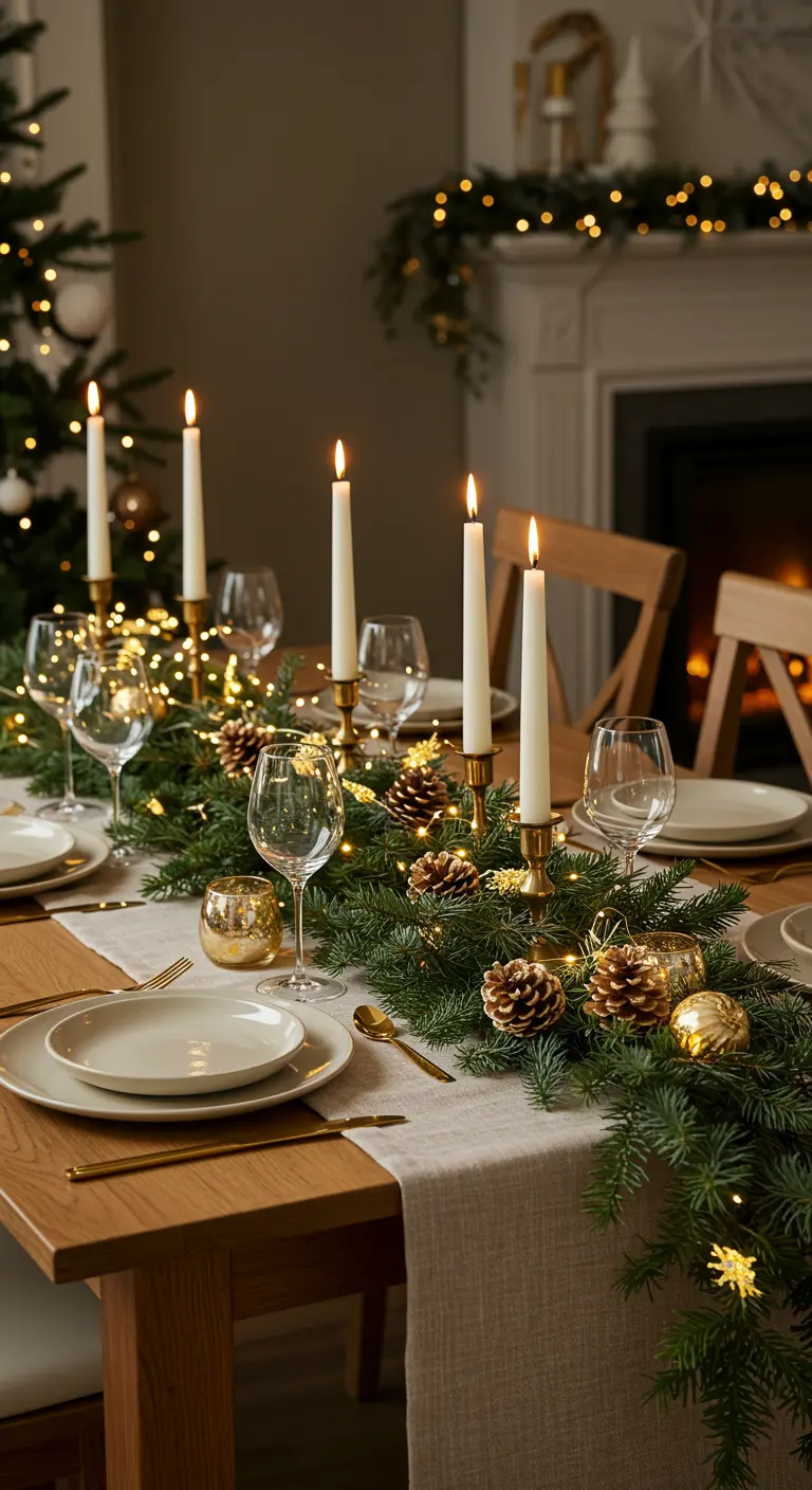 Kersttafel met dennengroen, kaarsen, gouden kerstballen en dennenappels.
