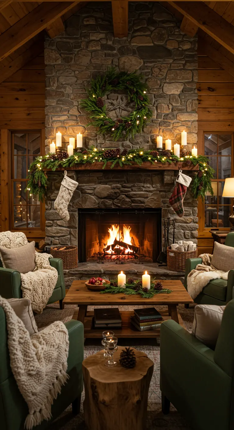 Open haard met kerstkrans, guirlande, kaarsen en kerstsokken.