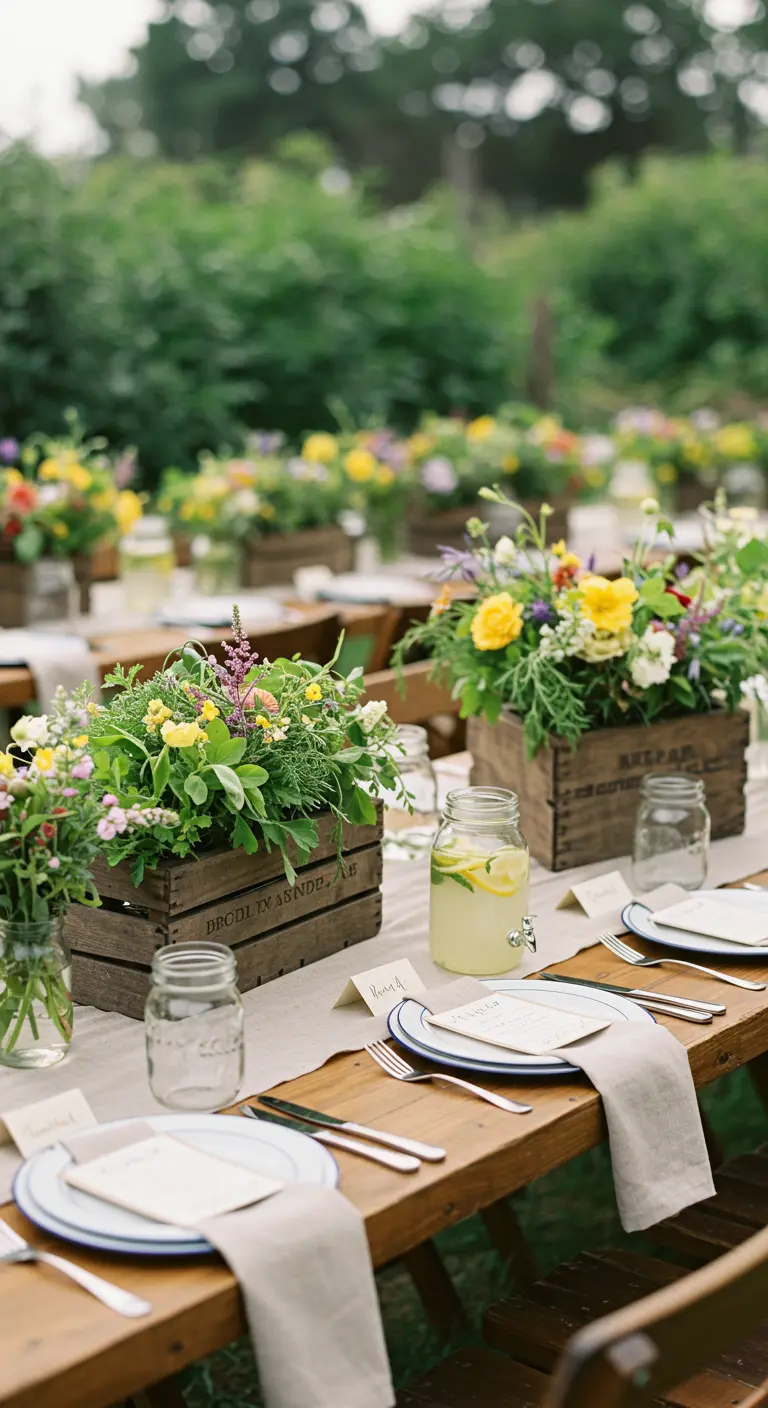 Landelijke tafel met houten kistjes bloemen, linnen en limonade in weckpotten.