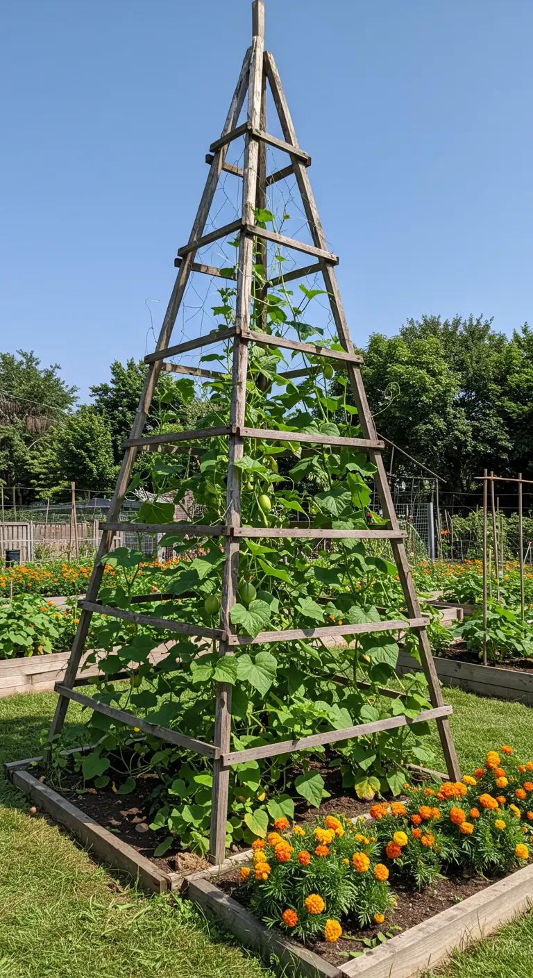 Hoge houten piramidevormige obelisk in een moestuin, begroeid met komkommerplanten.