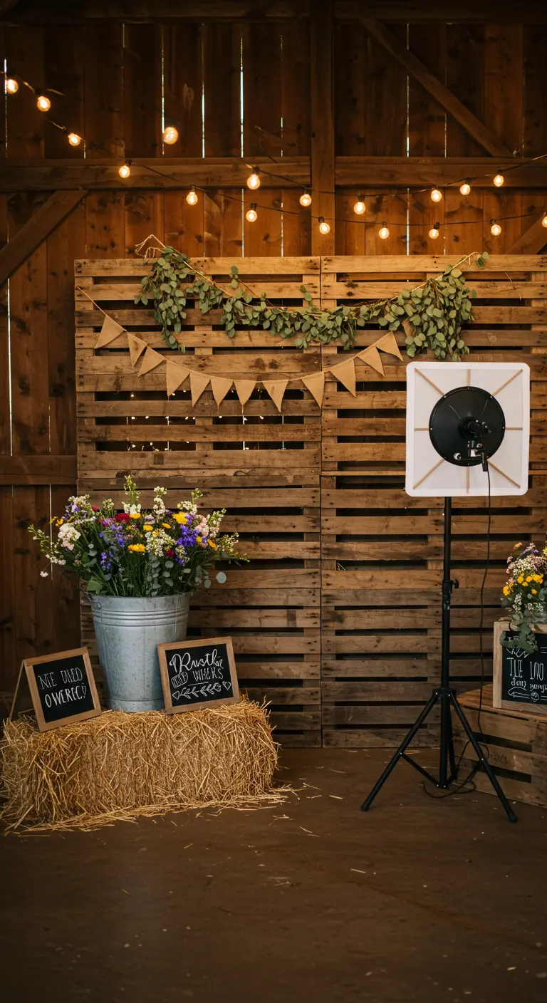 Rustieke photobooth met pallet achtergrond, hooibalen, veldbloemen in een zinken emmer en lichtslingers.