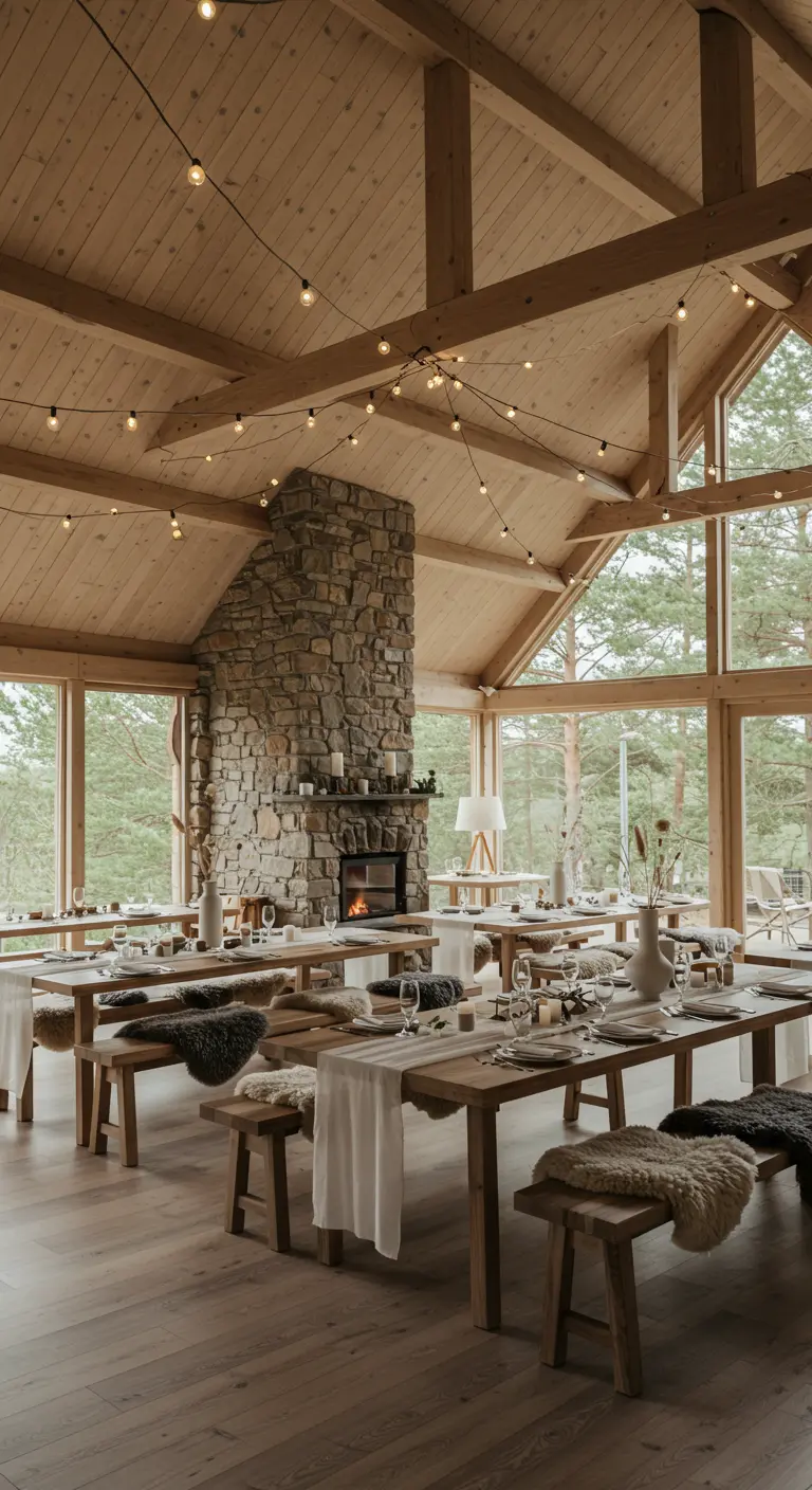 Rustieke lodge met houten tafels, banken, schapenvachten en een grote stenen open haard.