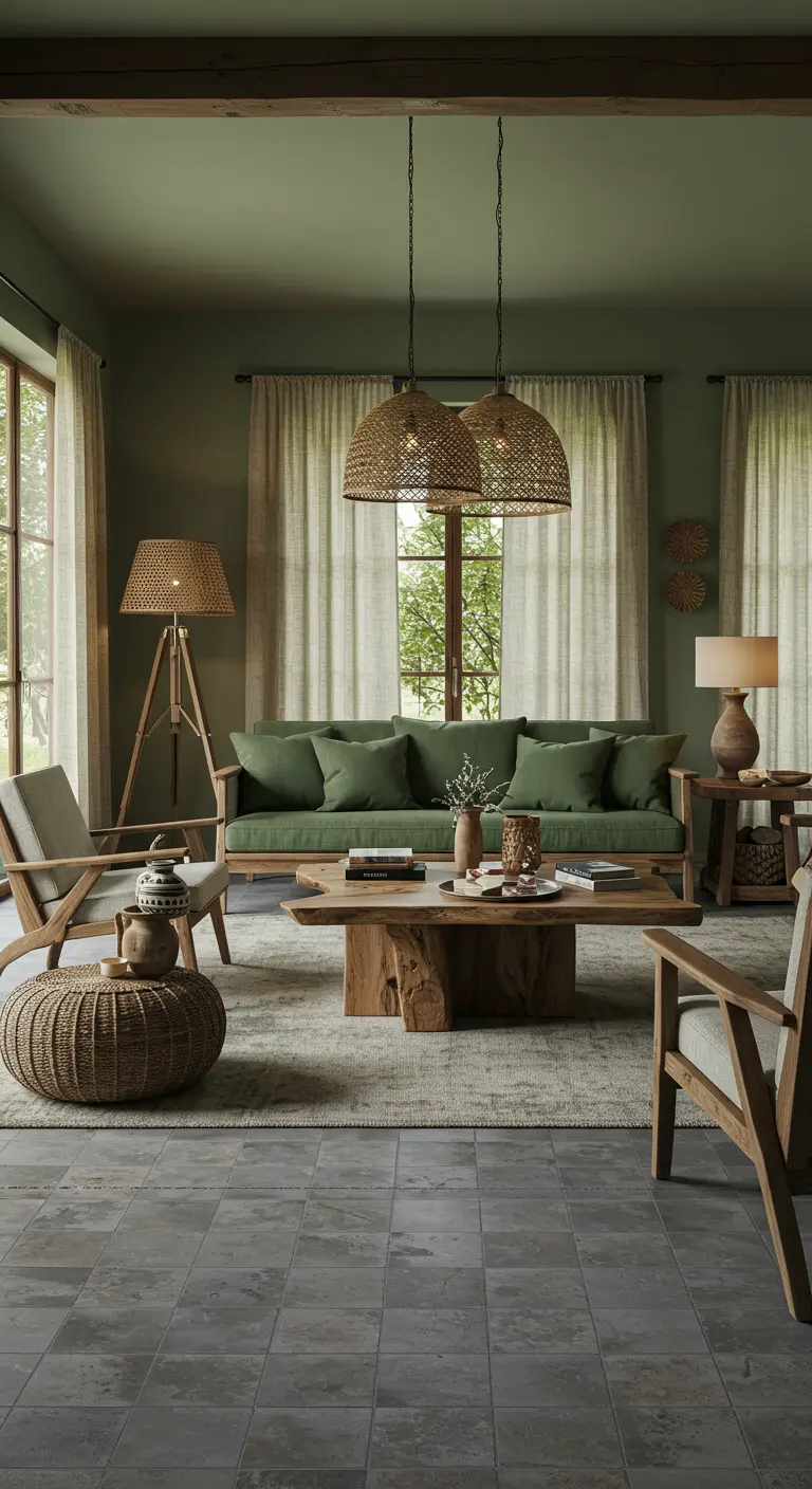 Olijfgroene woonkamer met groene bank, houten salontafel en rotan hanglampen.