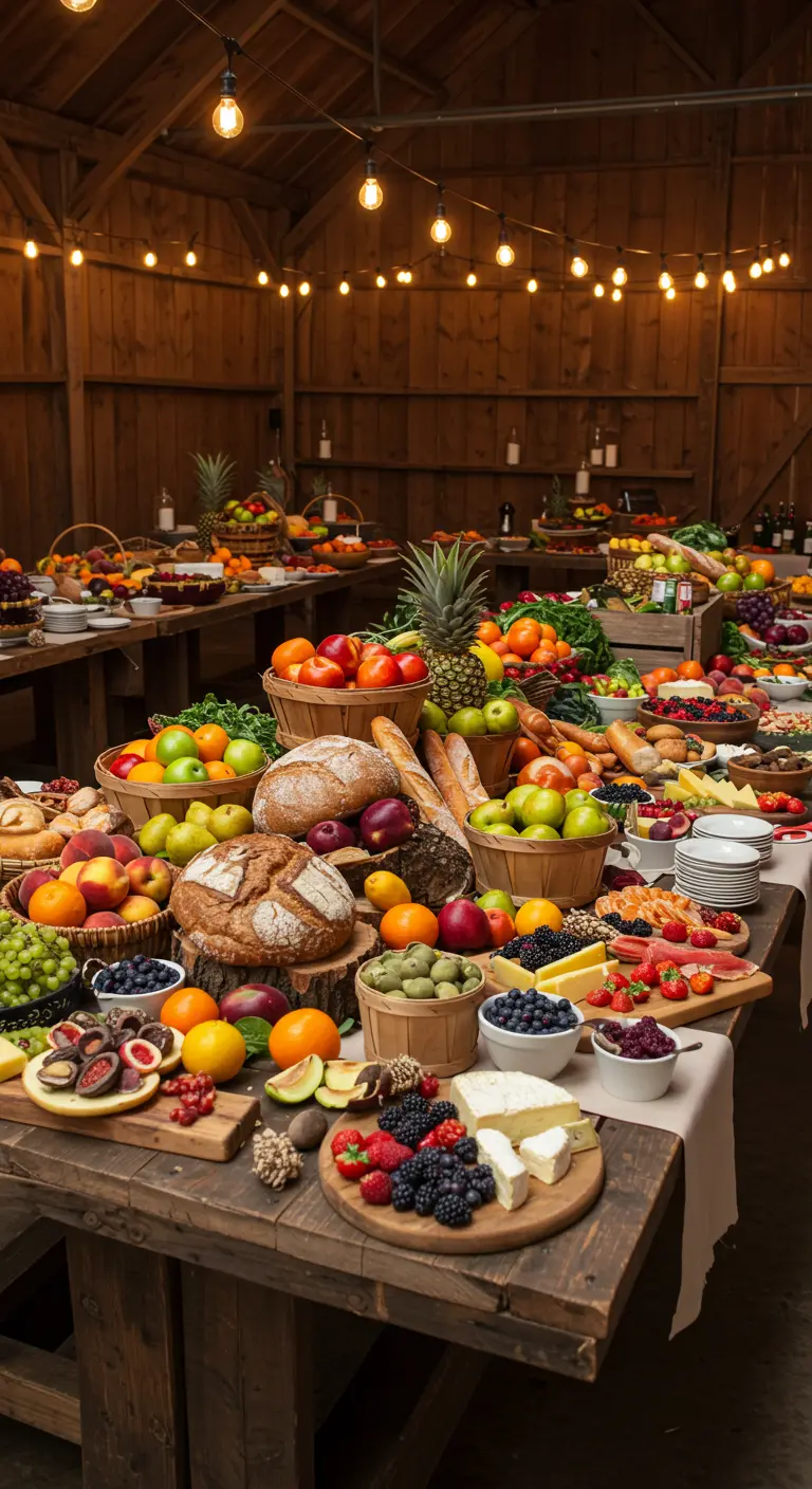 Overvolle rustieke buffetttafel met diverse manden fruit, brood, kazen en string lights.