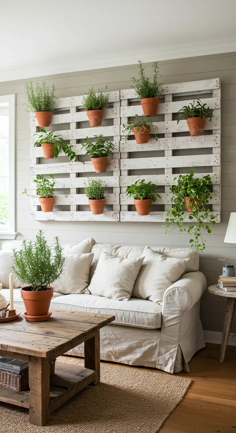 Witte houten pallets aan muur gebruikt als plantenrekken voor terracotta potten.