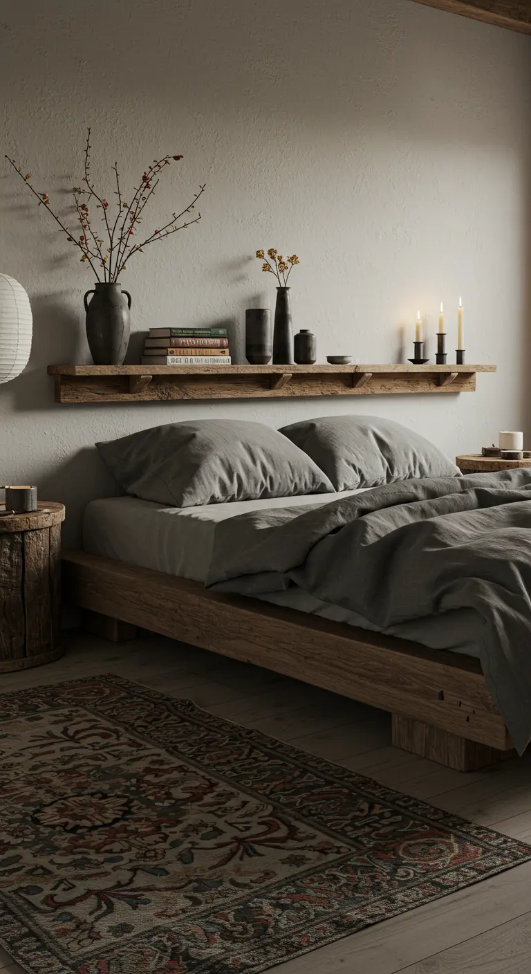 Rustieke slaapkamer met houten wandplank boven het bed, gedecoreerd met kaarsen en vazen.
