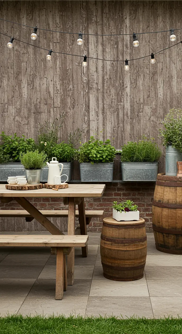 Tuinmuur met rustiek houten planken buitenbehang, zinken plantenbakken en lichtslingers.