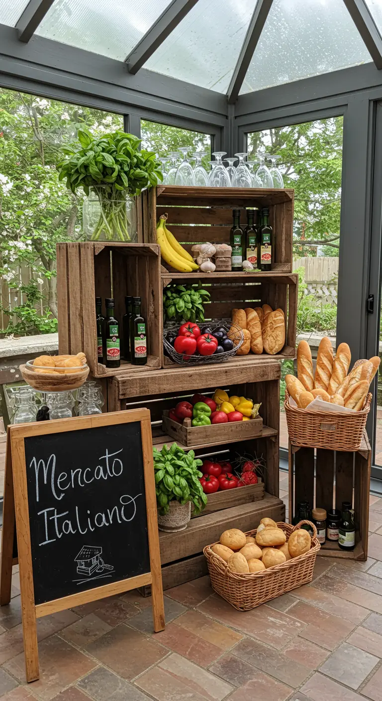 Gestapelde houten kisten met verse producten, olijfolie, basilicum en een krijtbord met 'Mercato Italiano'.
