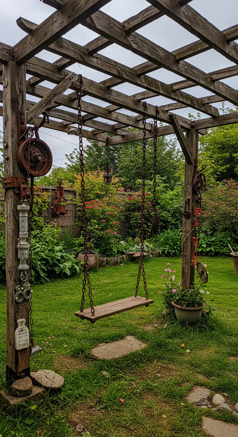 Houten schommel aan kettingen, bevestigd met vintage industriële onderdelen aan pergola.