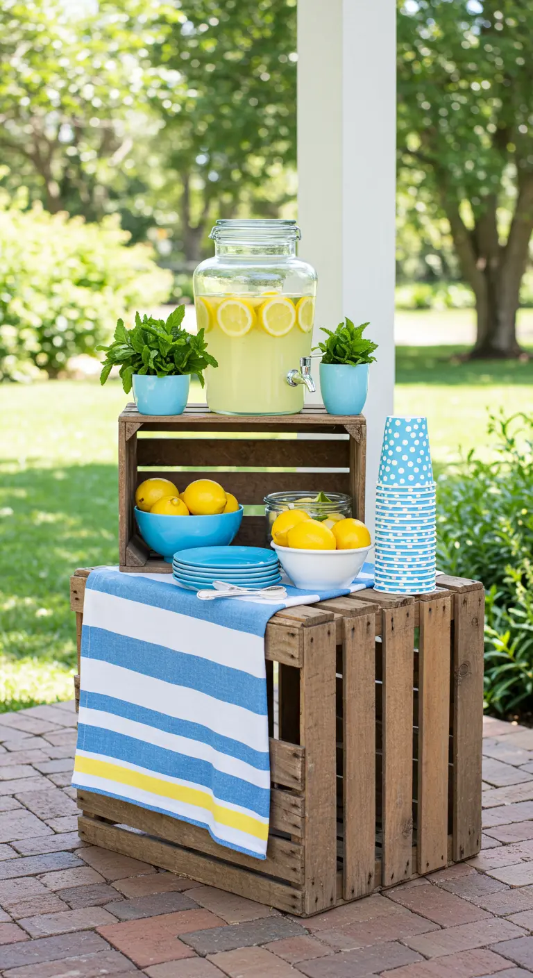 DIY limonadebar van houten kratjes met dispenser, citroenen en blauw-witte accenten.