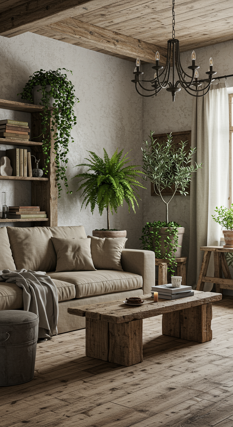 Rustieke woonkamer met houten meubels, veel planten en een landelijke sfeer.
