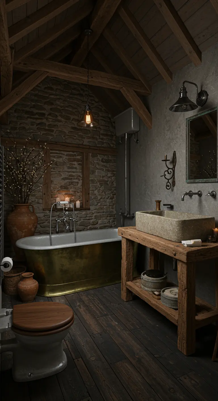 Donkere rustieke badkamer met stenen muur, houten balken, messing bad en houten meubel.
