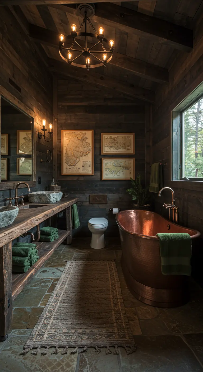 Rustieke houten badkamer met koperen bad en natuurstenen wasbakken.