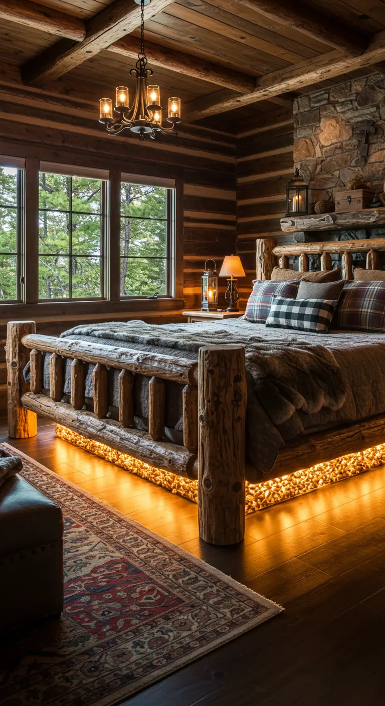 Rustiek houten bed in een blokhut-stijl kamer met warme, oranje, bijna vuurachtige verlichting eronder.
