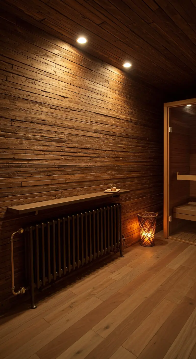 Donkere radiator met houten plank erboven, tegen een wand van donker, gestapeld hout.