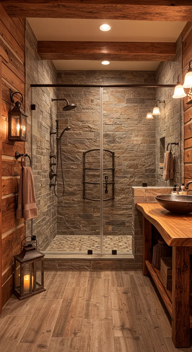 Rustieke douche met natuurstenen muren, houten balken, lantaarns en houten meubel.