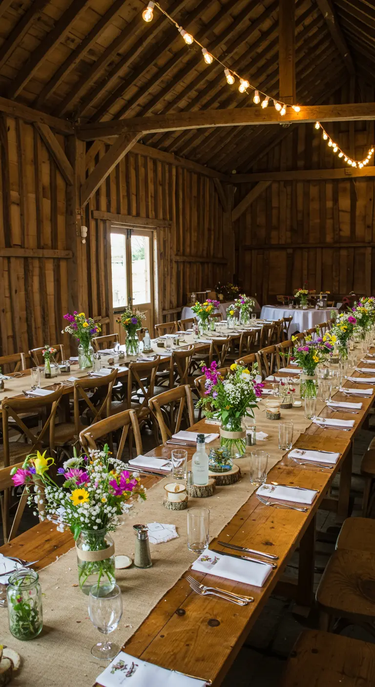 Lange houten tafels in rustieke schuur met jute lopers en kleurrijke veldbloemen in potjes.
